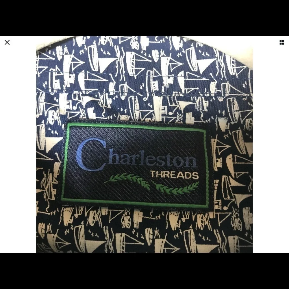 Charleston Threads Mens XL Button‎ Front Shirt Boat Pattern Blue White Casual